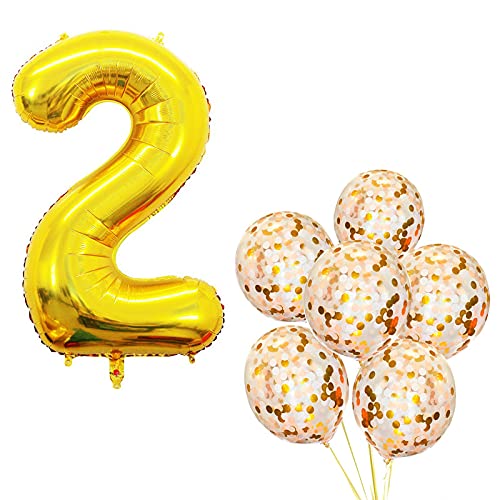 32 Inch Number 2  Gold Foil Balloon With Confetti Balloons