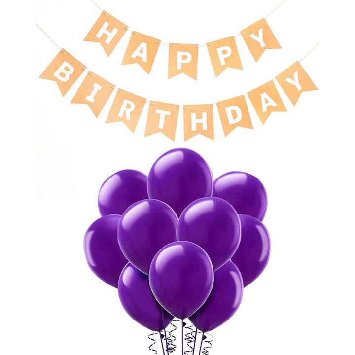 Peach Happy Birthday Banner And Purple Metallic Balloons (Pack of 30)