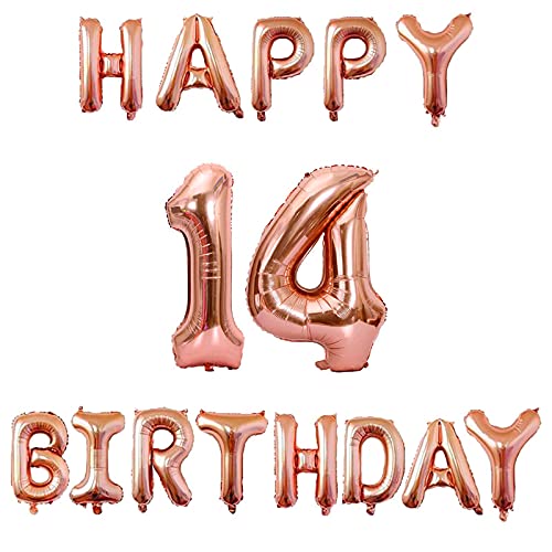 16 Inch 14th Happy Birthday Alphabets & 32 Inch 14 Number Rosegold Foil Balloon
