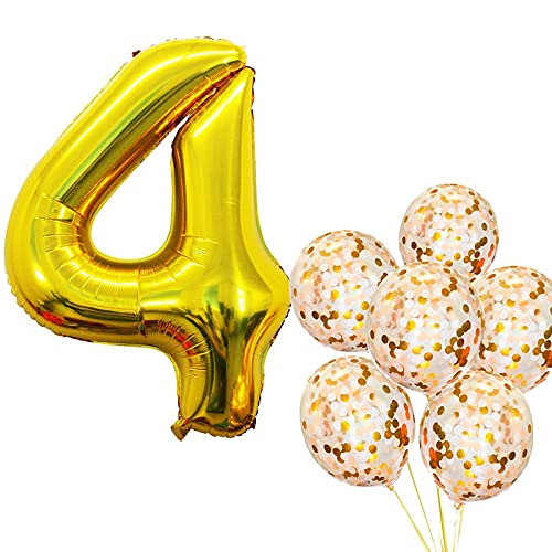 32 Inch Number 4  Gold Foil Balloon With Confetti Balloons