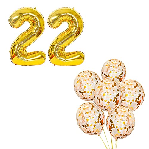 16 Inch Number 22  Gold Foil Balloon With Confetti Balloons