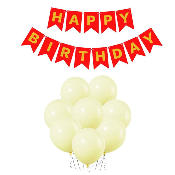 Red Happy Birthday Banner And Pastel Yellow Metallic Balloons (Pack of 30)