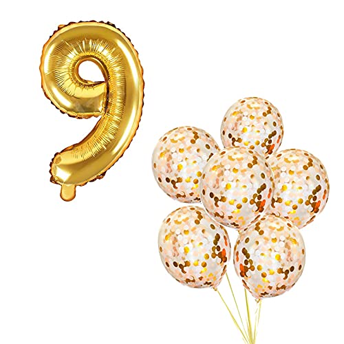 16 Inch Number 9  Gold Foil Balloon With Confetti Balloons