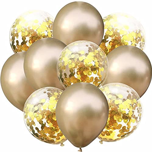 Gold Color And Clear Confetti Shining Metallic Latex Glitter Balloons Set (Pack of 10)