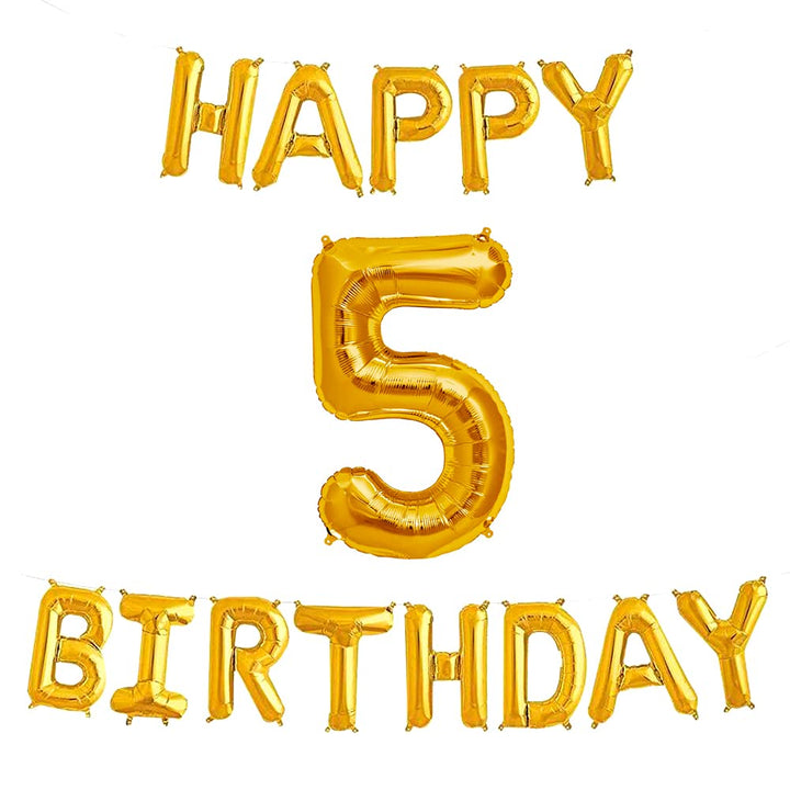 16 Inch 5th Happy Birthday Alphabets & 32 Inch 5 Number Gold Foil Balloon