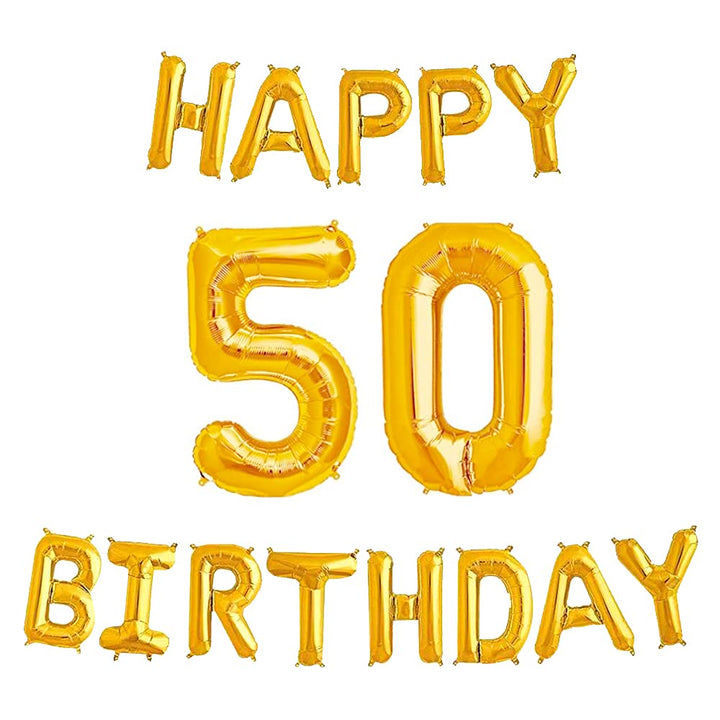 16 Inch 50th Happy Birthday Alphabets & 32 Inch 50 Number Gold Foil Balloon