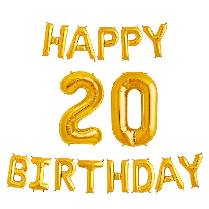 16 Inch 20th Happy Birthday Alphabets & 32 Inch 20 Number Gold Foil Balloon