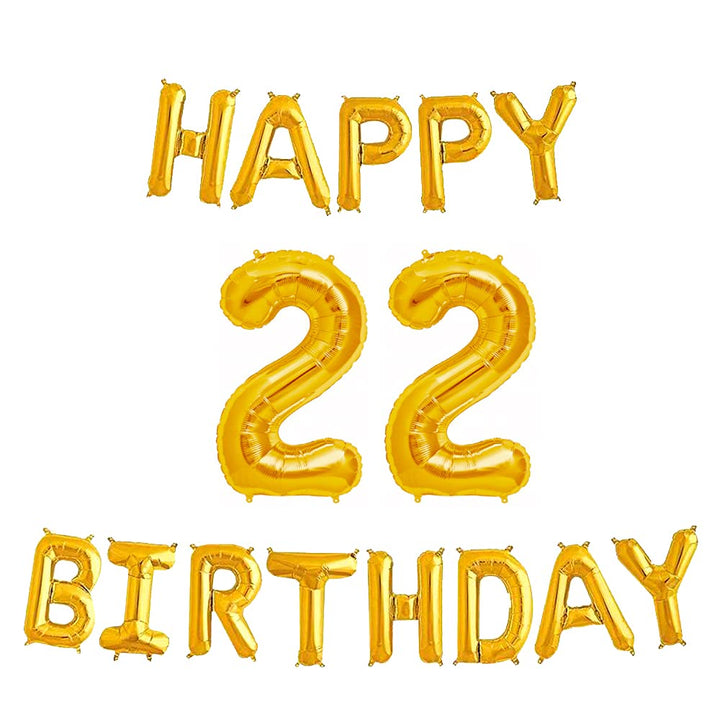 16 Inch 22nd Happy Birthday Alphabets & 32 Inch 22 Number Gold Foil Balloon