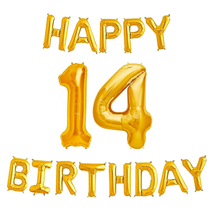 16 Inch 14th Happy Birthday Alphabets & 32 Inch 14 Number Gold Foil Balloon