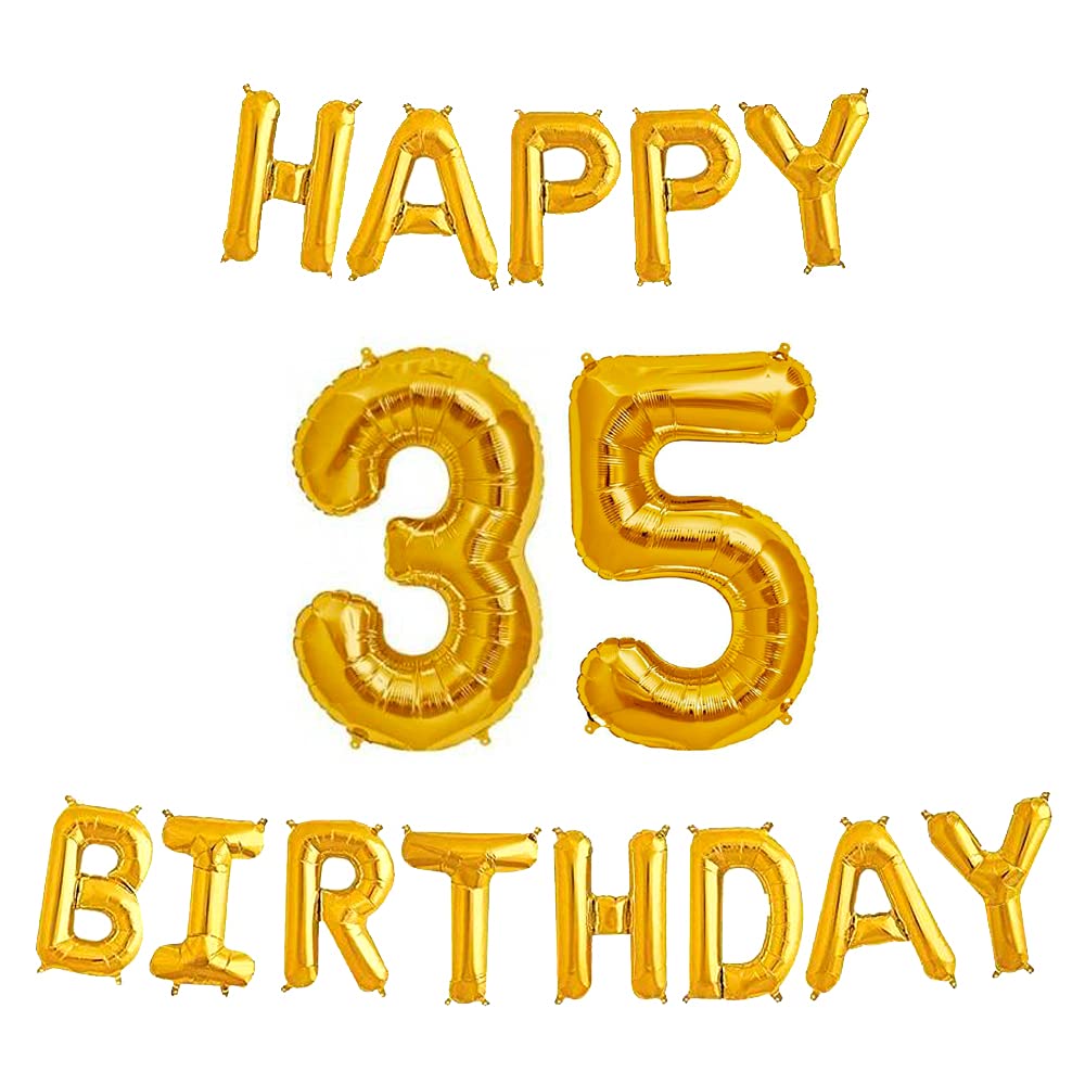16 Inch 35th Happy Birthday Alphabets & 32 Inch 35 Number Gold Foil Ba ...