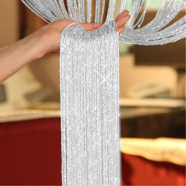 3Ft X 6Ft Silver Color With Sparkle String Curtains Hanging