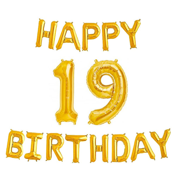 16 Inch 19th Happy Birthday Alphabets & 32 Inch 19 Number Gold Foil Balloon