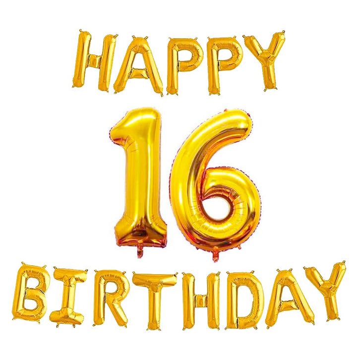 16 Inch 16th Happy Birthday Alphabets & 32 Inch 16 Number Gold Foil Balloon