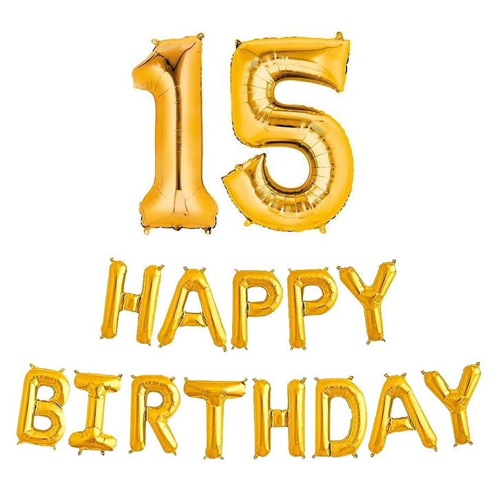 16 Inch 15th Happy Birthday Alphabets & 32 Inch 15 Number Gold Foil Balloon