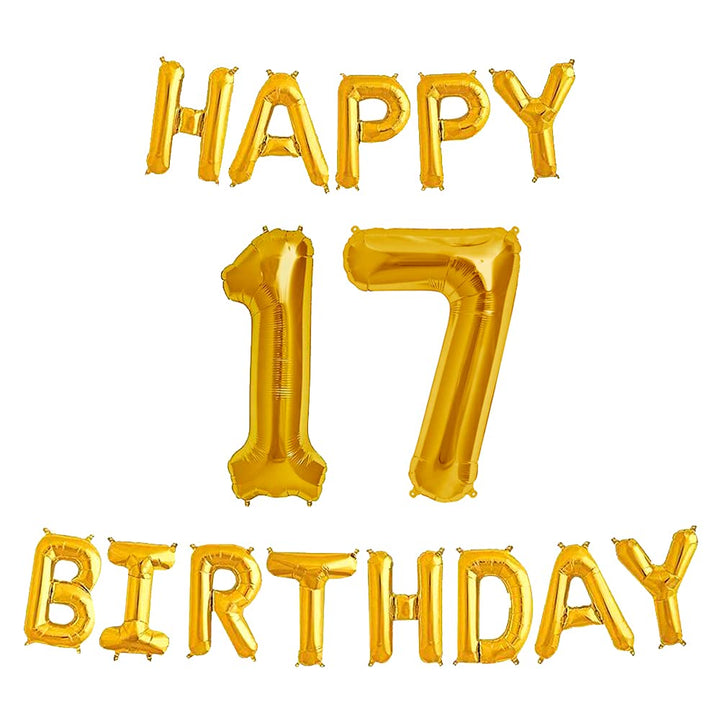 16 Inch 17th Happy Birthday Alphabets & 32 Inch 17 Number Gold Foil Balloon