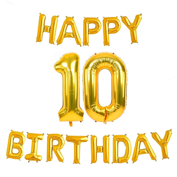 16 Inch 10th Happy Birthday Alphabets & 32 Inch 10 Number Gold Foil Balloon