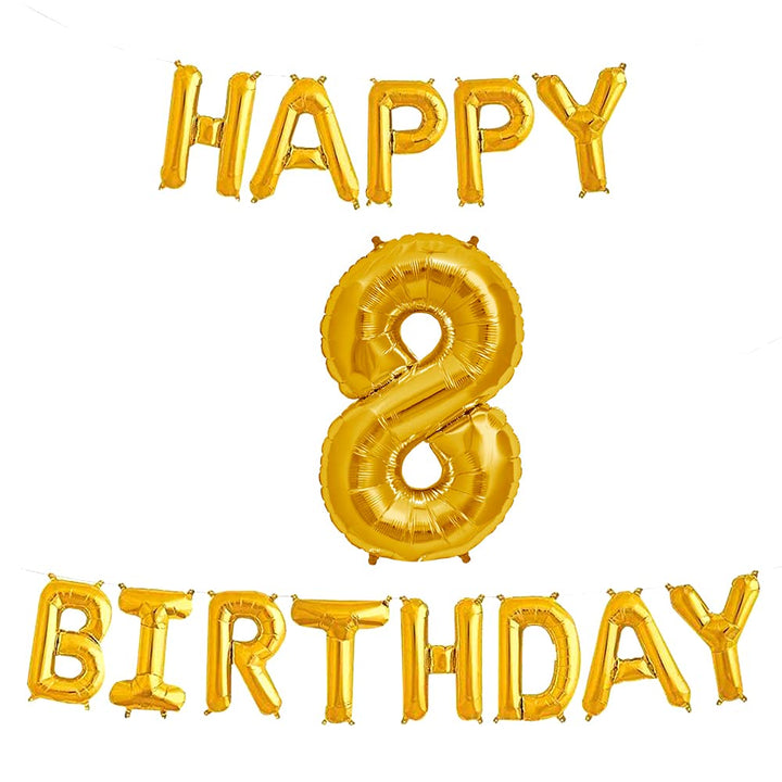 16 Inch 8th Happy Birthday Alphabets & 32 Inch 8 Number Gold Foil Balloon