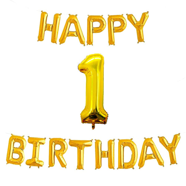 16 Inch 1st Happy Birthday Alphabets & 32 Inch 1 Number Gold Foil Balloon