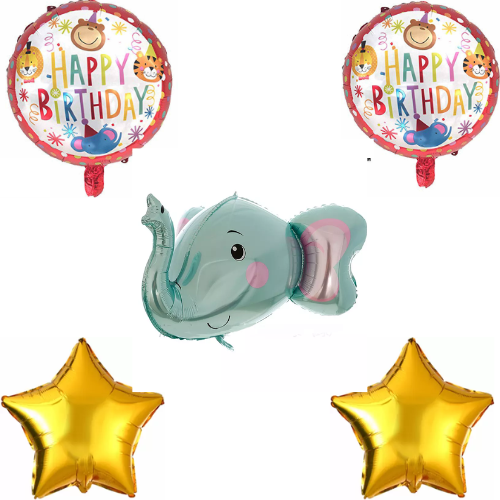 Baby Elephant Jungle Animal Themed Foil Balloon Set (Gray) (Pack of 5)