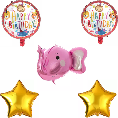 Baby Elephant Jungle Animal Themed Foil Balloon Set (Pink) (Pack of 5)