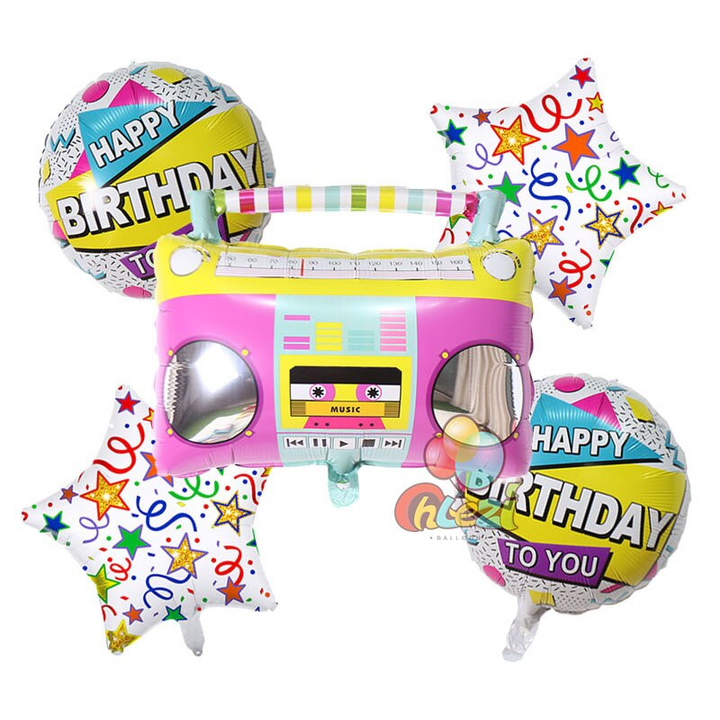 Retro Music Boom box Birthday Balloon Bouquet (Multicolor) (Pack of 5)