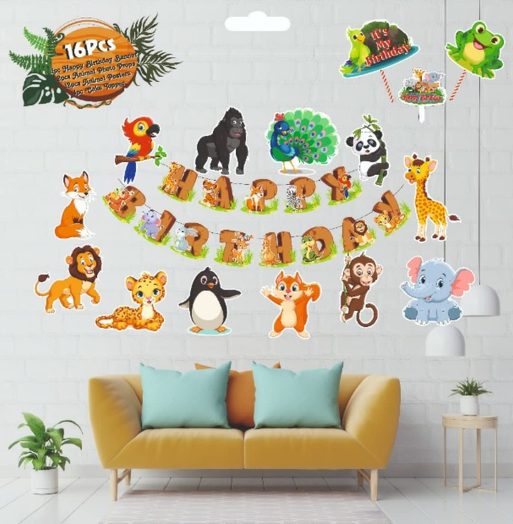 Jungle Safari Themed Set With Posters And Happy Birthday Banner, Cake Topper (Pack of 16)