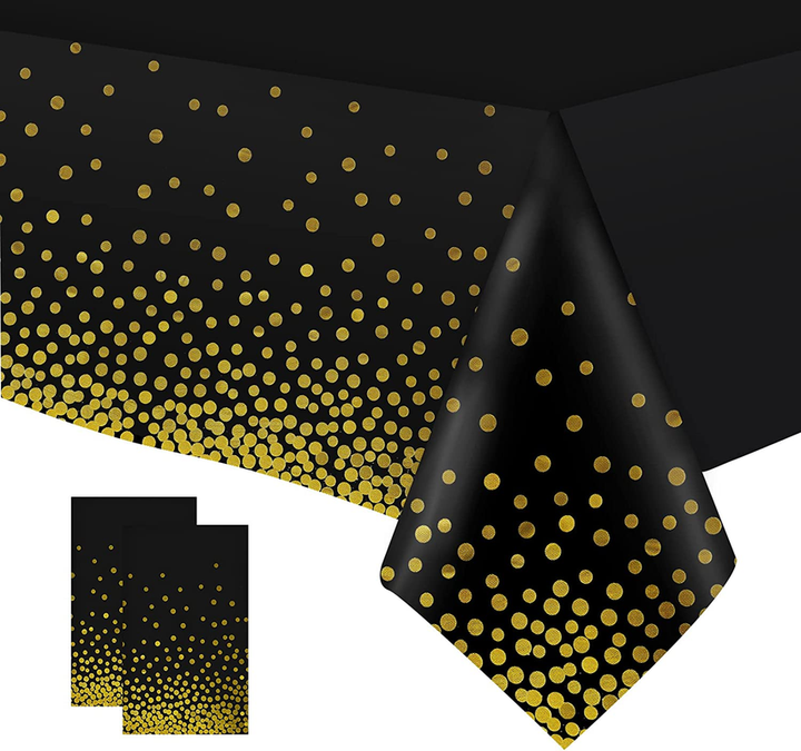 54 x 72 Inch Plastic Disposable Table Cover With Gold Polka Dot (Black)