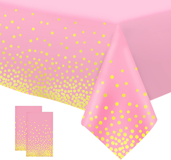 54 x 72 Inch Plastic Disposable Table Cover With Gold Polka Dot (Pink)