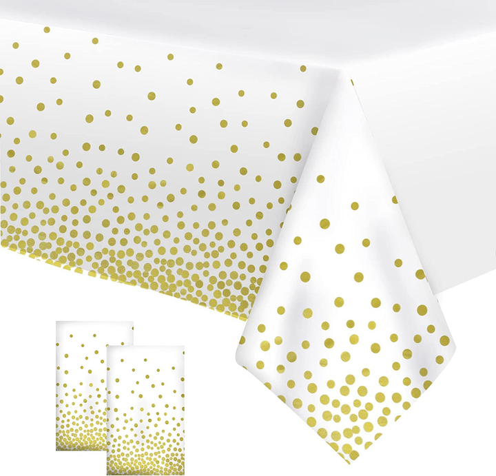 54 x 72 Inch Plastic Disposable Table Cover With Gold Polka Dot (White)
