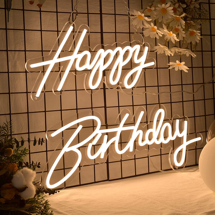 Warm White Led Neon Sign Of Happy Birthday Cursive Letters Dimmable Switch