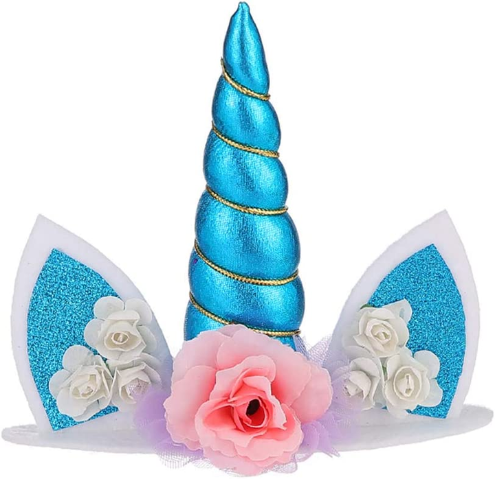 Unicorn Ear- Flowers Cake Topper (Blue) (Pack of 1)