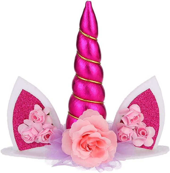 Unicorn Ear- Flowers Cake Topper (Pink) (Pack of 1)