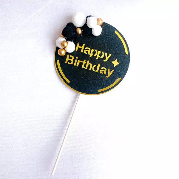 Black Happy Birthday Cake Topper With Fuzzy Balls (Pack of 1)