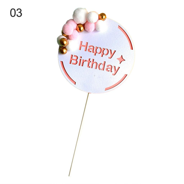 Pink Happy Birthday Cake Topper With Fuzzy Balls (Pack of 1)