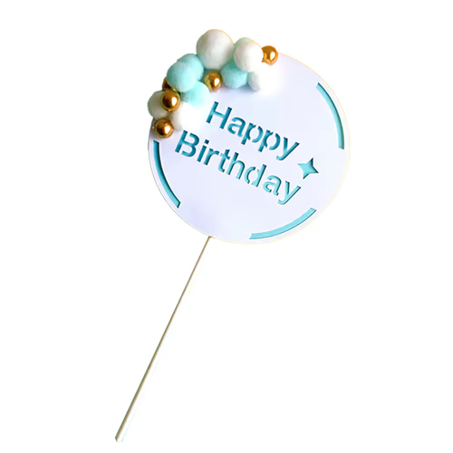 Blue Happy Birthday Cake Topper With Fuzzy Balls (Pack of 1)