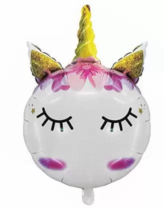 Round Shape Magical Unicorn Face Foil Balloon With Golden Color Horn (Multicolor) (Pack of 1)