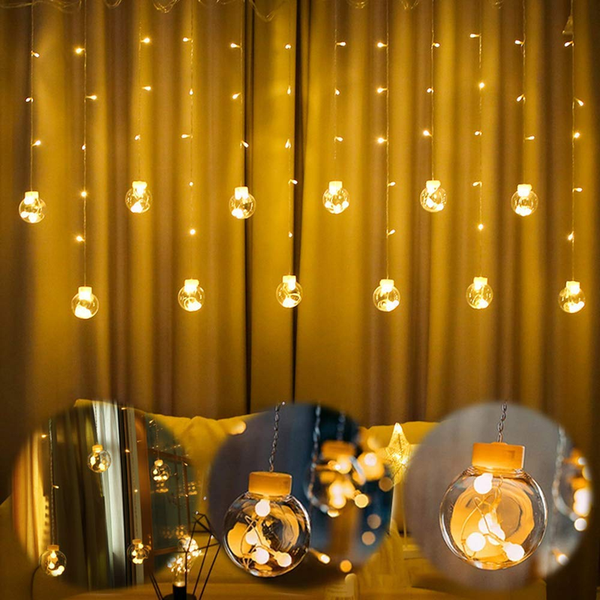 Warm White Curtain String LED Wish Balls Light (Pack of 1 With 12Pcs Wish Balls, 180 LED, 8 Mode)