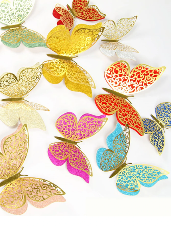 3D Double Layer Hollow Butterfly Stickers (Multicolor)  (Pack of 12, Mixed Size)